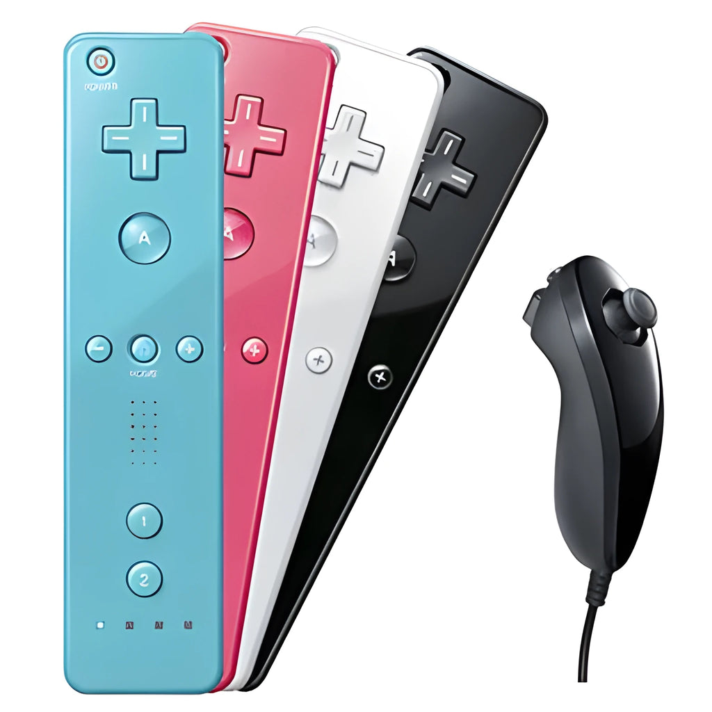 Wii left and right gamepad controller set with wireless right controller showing rubber sleeve