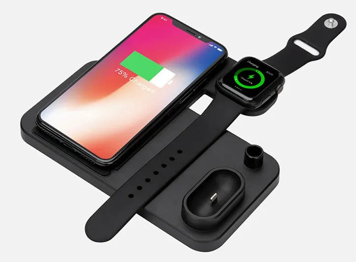 Black 4-in-1 wireless charging station showing phone, Apple Watch, AirPods, and Apple Pencil charging simultaneously.