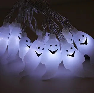 Halloween LED string lights with pumpkin, ghost, and bat pendants in multi-colour light mode