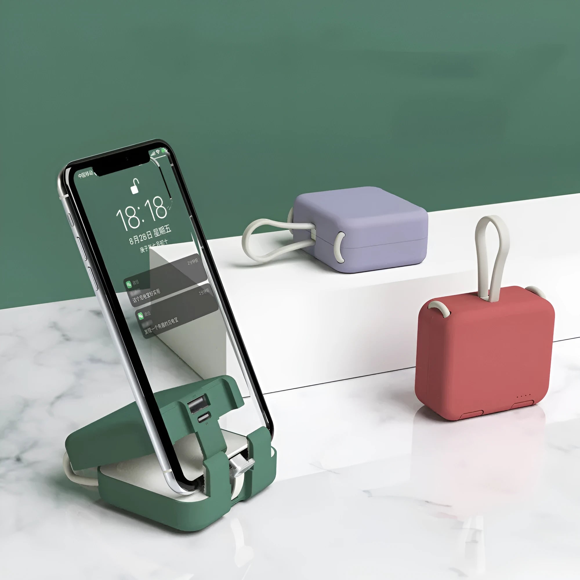 Handbag clip power bank in blue showing phone stand function with charging ports visible