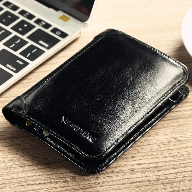 Men's black leather wallet open to show internal compartments: photo slot, card slots, banknote folder, and change pocket.