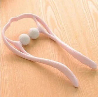 Plastic handheld neck and shoulder massager with adjustable width and roller head in pink, blue, and green colours.