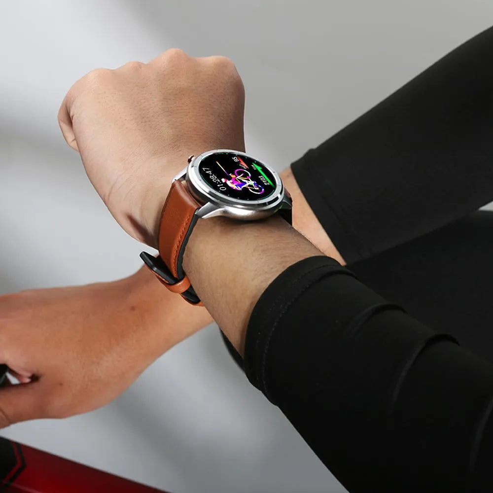 LEMFO LF26 smart bracelet on wrist showing 1.3 inch screen, available in black, brown, and silver colour options.