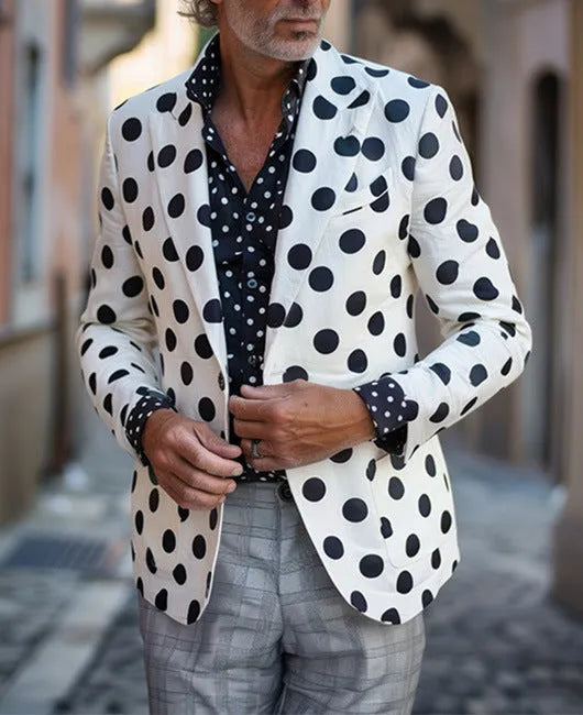 Men's black slim fit suit jacket with two buttons and large top-stitch pockets.