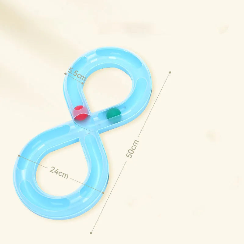 Blue interactive cat toy with turntable track ball system and teasing stick for self-play and owner interaction