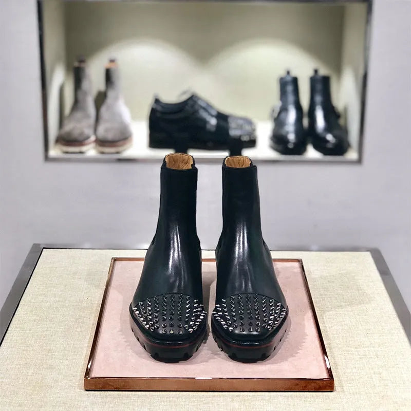 High top business casual shoes in cowhide leather, shown in black and black with orange accent styles.