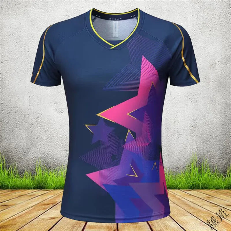 Man and woman wearing short-sleeved blue and purple badminton sportswear outfits, consisting of a top and trousers.