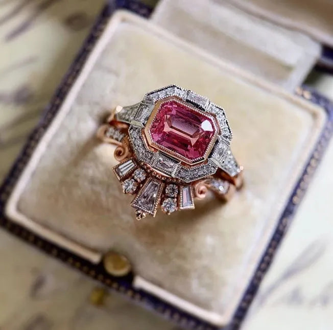 Rose gold colour women's fashion ring with ruby design in European and American retro style