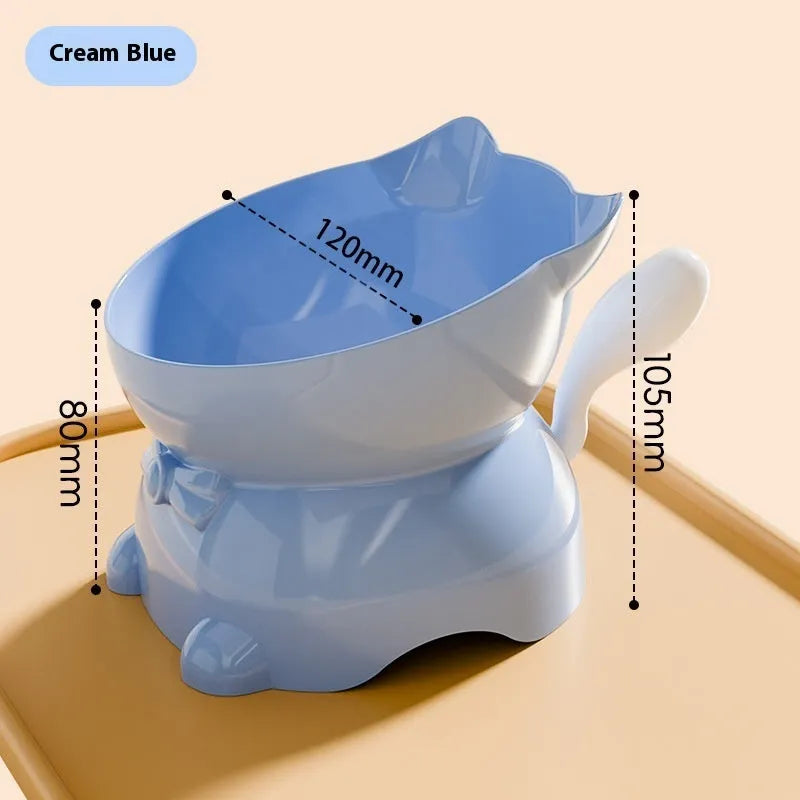 Stainless steel oblique anti-fall cat bowl in black, blue, pink, and yellow colours.