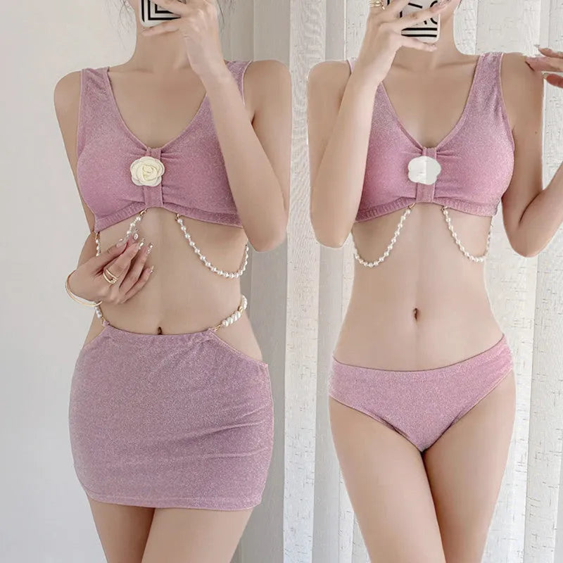 Women's black or pink three-piece bikini swimsuit with polyester fabric for swimming and hot springs