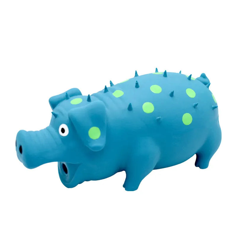 Blue pig-shaped latex dog chew toy with a textured surface and squeaker.