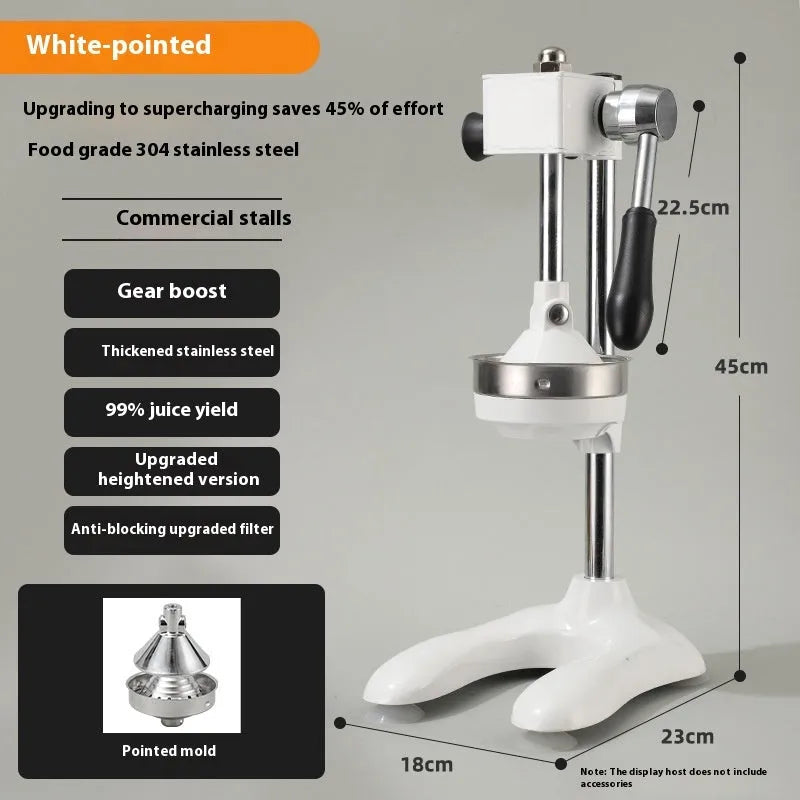 Vertical stainless steel manual juicer on zinc alloy base, showing colour and head style options.