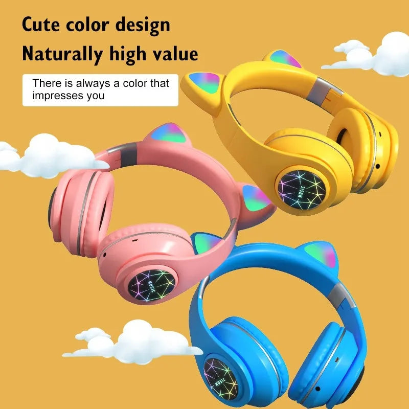 Cat ear wireless sports Bluetooth headphones in multiple colours showing head-mounted design