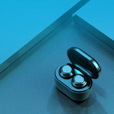 Black stereo Bluetooth headset with bilateral ear design showing wireless connectivity features