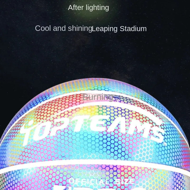 Chroma and white holographic luminous reflective No. 7 basketball made from wear-resistant PU.