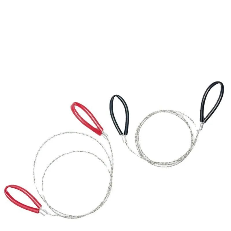 Survival wire saw with leather hand case showing steel wire construction and compact design
