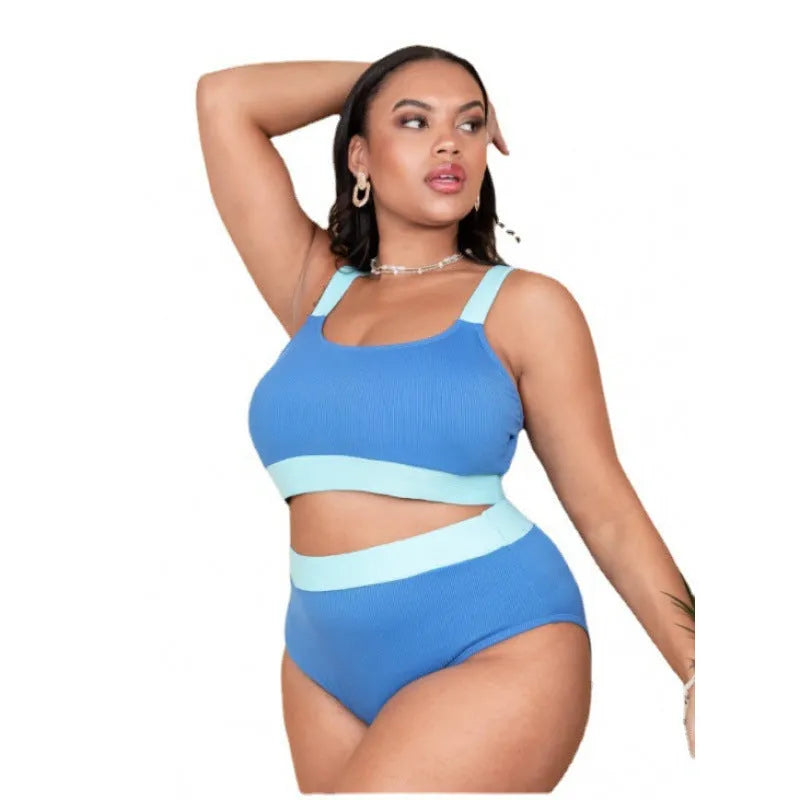Women's high-waisted bikini set in a solid colour with split stitching detail, showing front view.