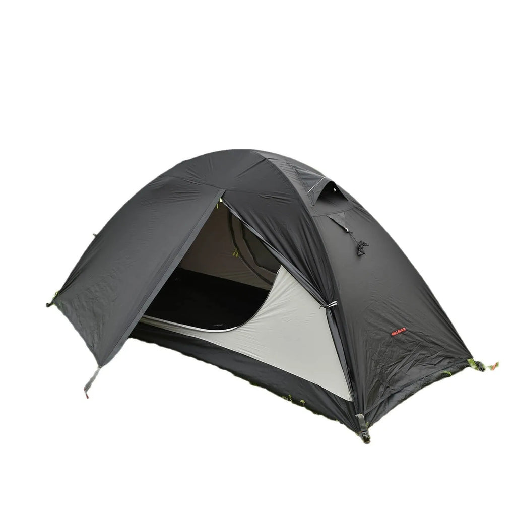 Single person double-layer hiking tent with aluminium poles, shown in a choice of red, black, or orange colours.