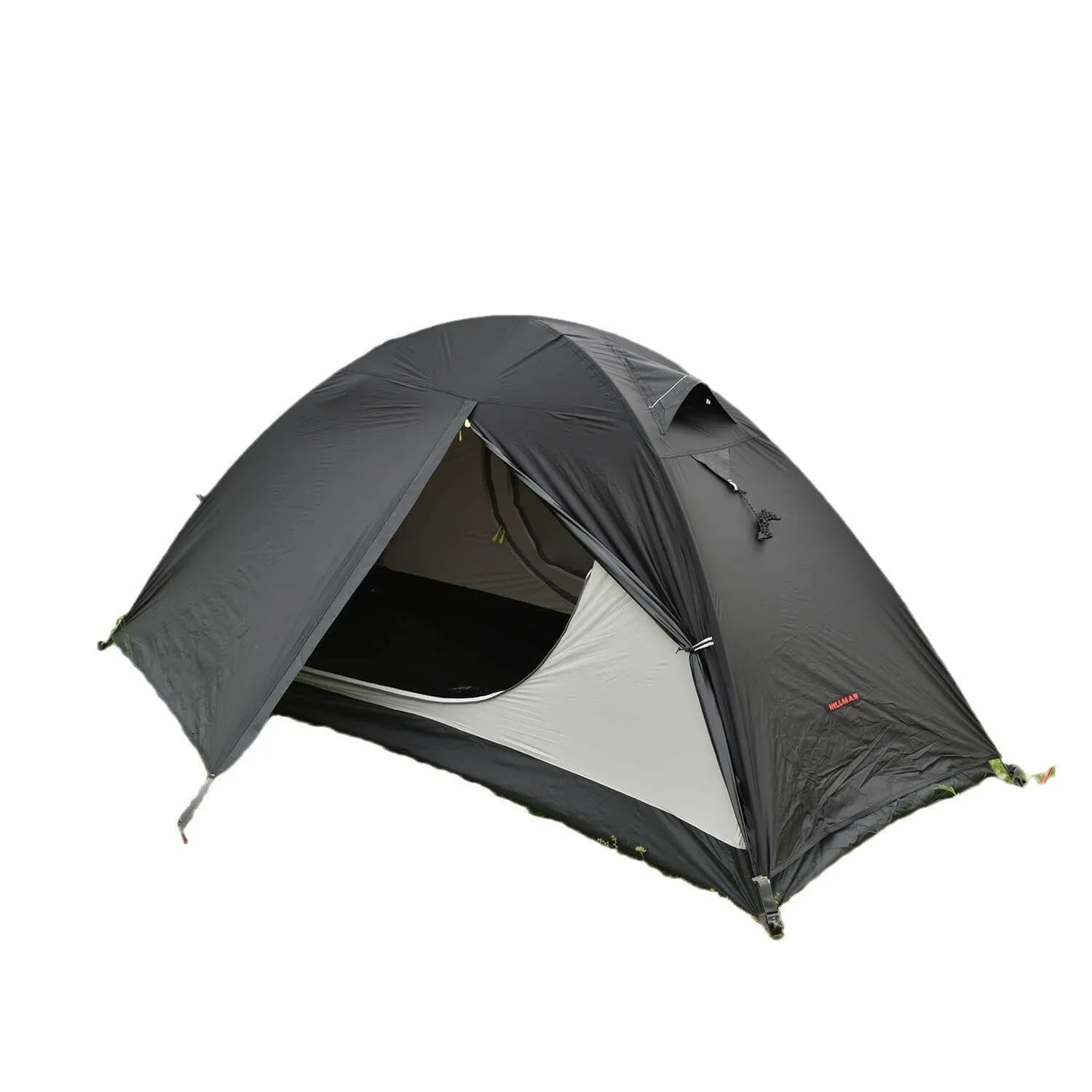 Single person double-layer hiking tent with aluminium poles, shown in a choice of red, black, or orange colours.