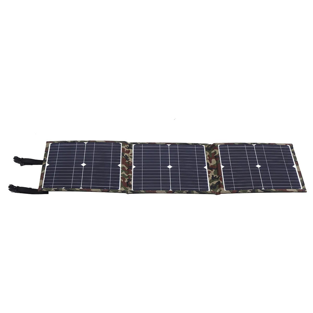 Black foldable solar panel unfolded showing three solar cells with car charger and USB accessories