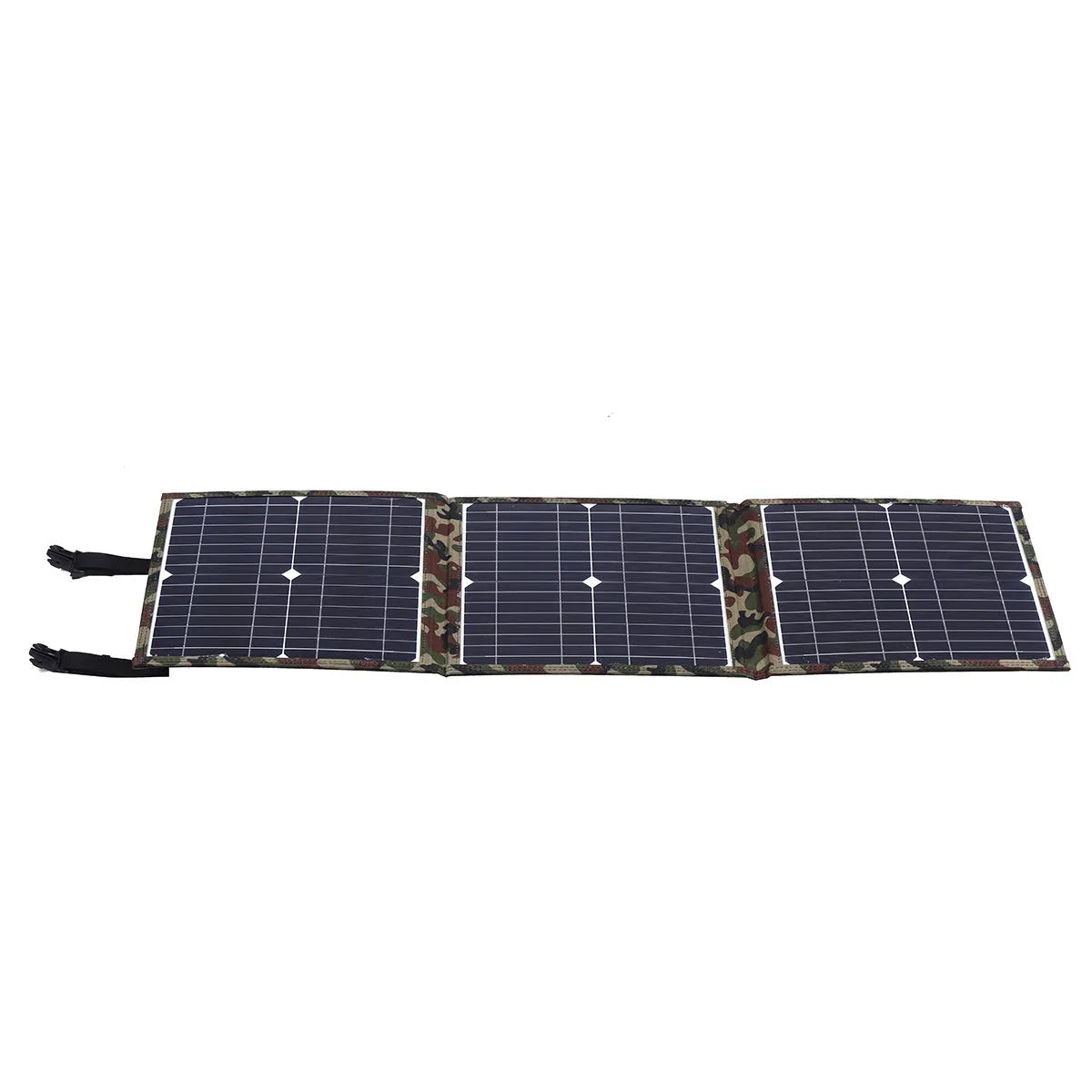 Black foldable solar panel unfolded showing three solar cells with car charger and USB accessories
