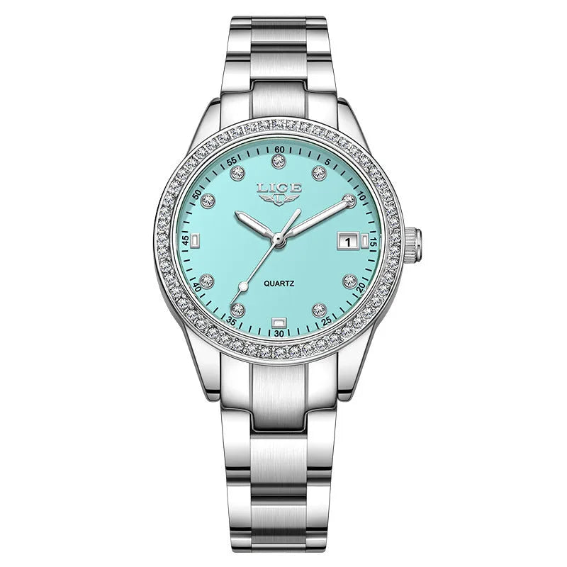 Silver stainless steel women's quartz watch with diamond markers and round dial