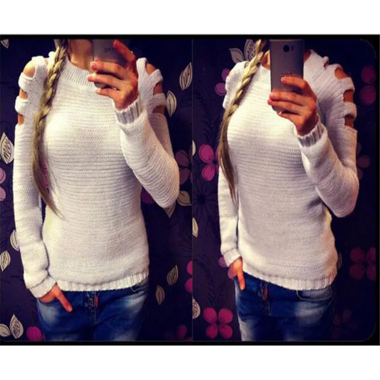 Women's grey solid colour pullover shirt with hollow-out crochet detail on long sleeves