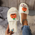 Pumpkin cartoon plush open toe slippers in white and yellow colours with synthetic fur upper