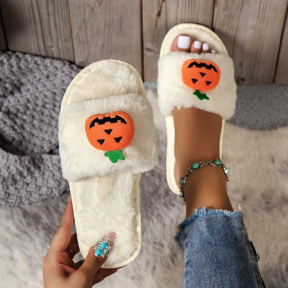 Pumpkin cartoon plush open toe slippers in white and yellow colours with synthetic fur upper