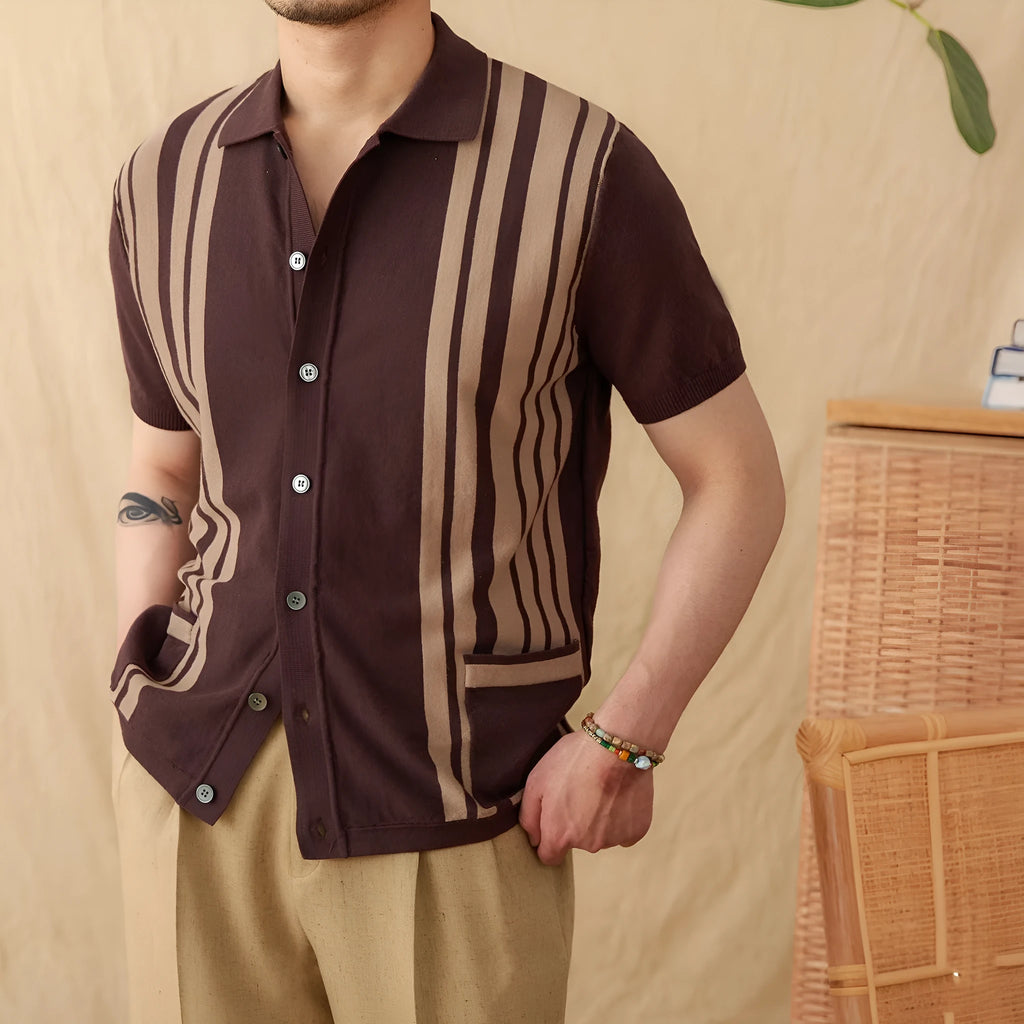 Men's striped knitted polo cardigan with lapel collar in light blue cotton-polyester blend