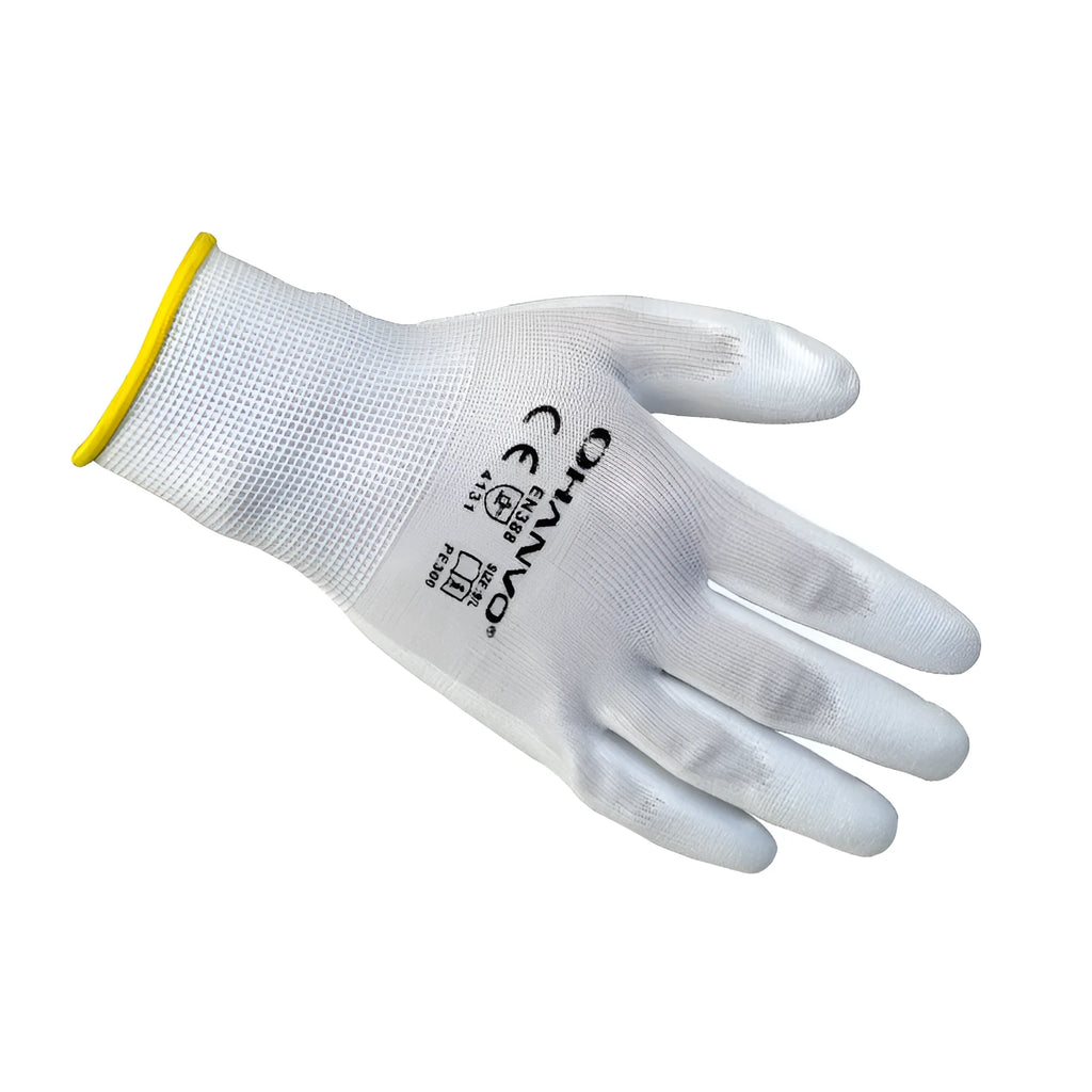White PU coated labour gloves showing textured palm grip, medium and large sizes on a workbench.