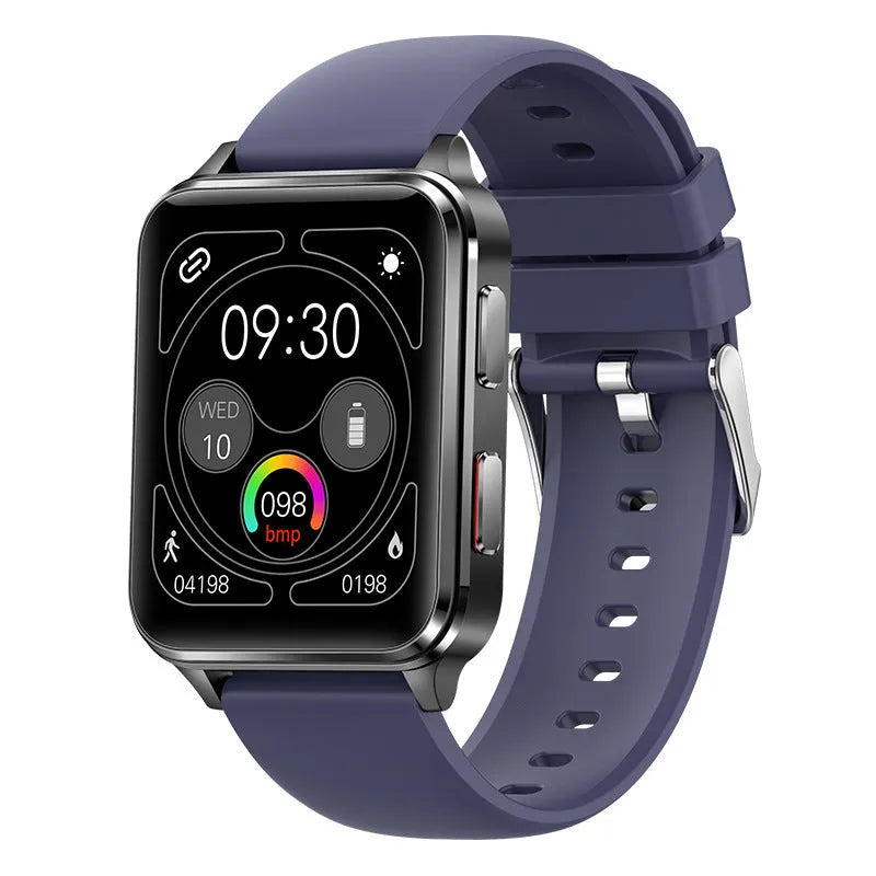 Multi-sport smartwatch with 1.70-inch screen showing fitness metrics on blue silicone wristband