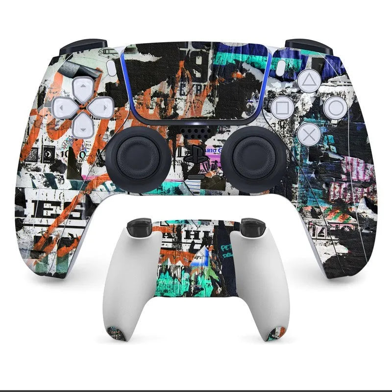 PS5 controller with anti-scratch handle stickers applied, showing micro frosted PVC texture.