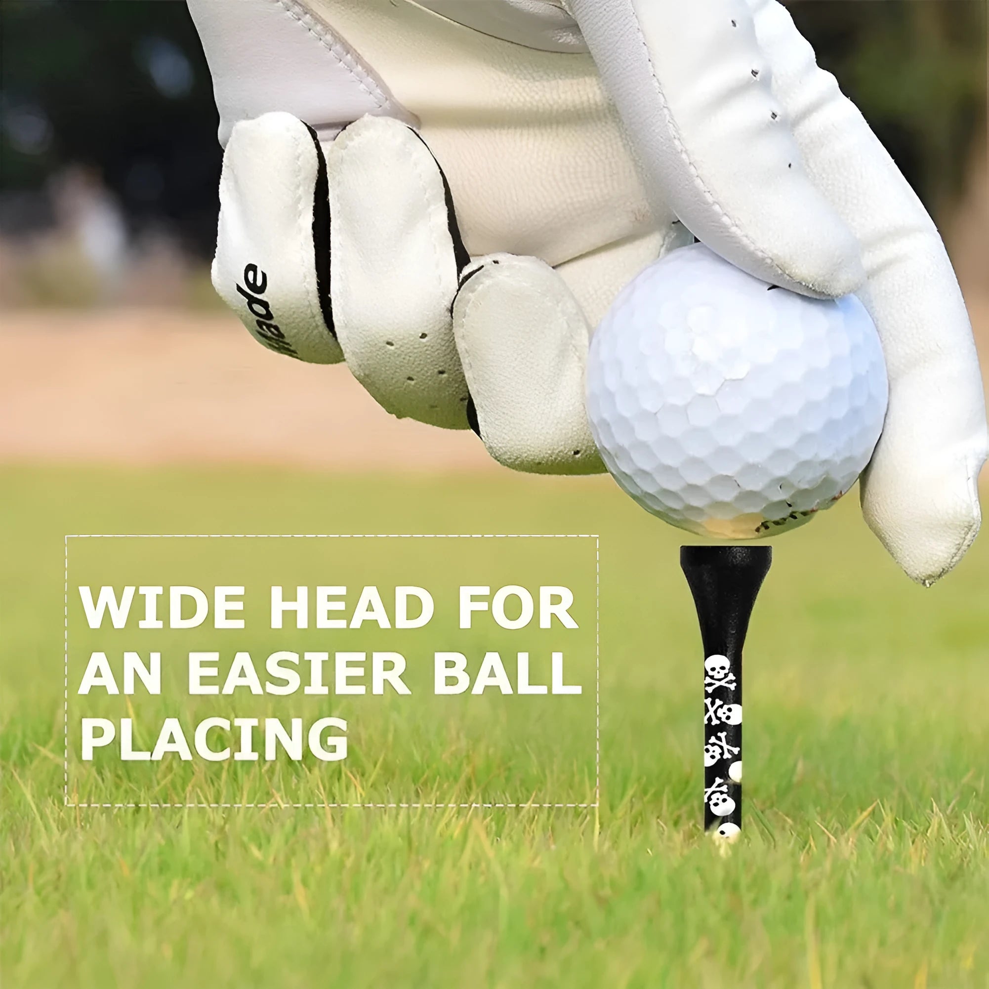 Ten black bamboo golf spike dowel pins with skull print decoration in 70mm and 83mm lengths