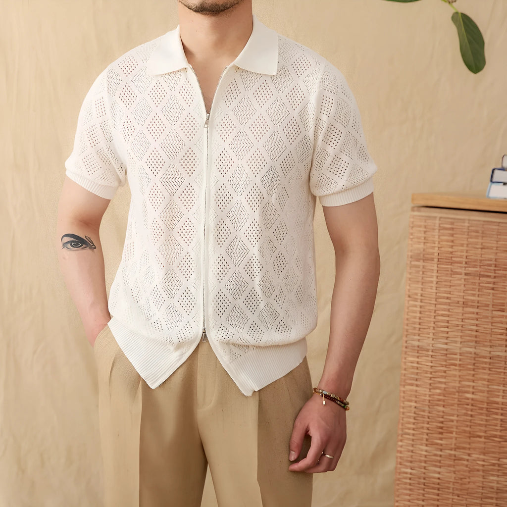 Men's light brown cotton short sleeve cardigan with front zipper and lapel collar showing Asian sizing label