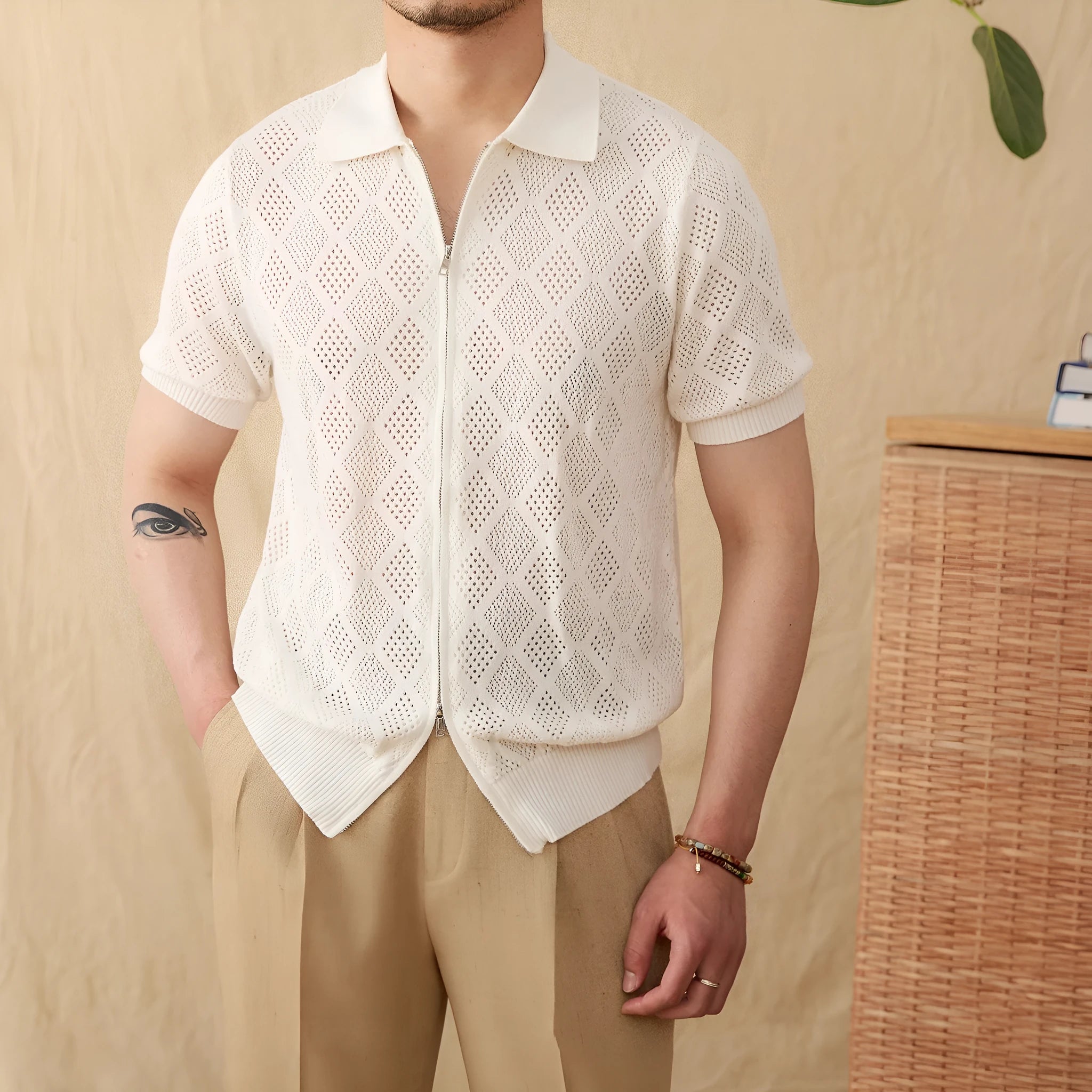 Men's light brown cotton short sleeve cardigan with front zipper and lapel collar showing Asian sizing label