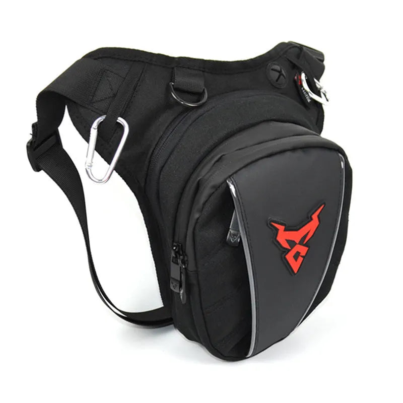 Motorcycle leg bag in red, blue, green, or grey, showing adjustable straps and 1200D Oxford cloth construction.