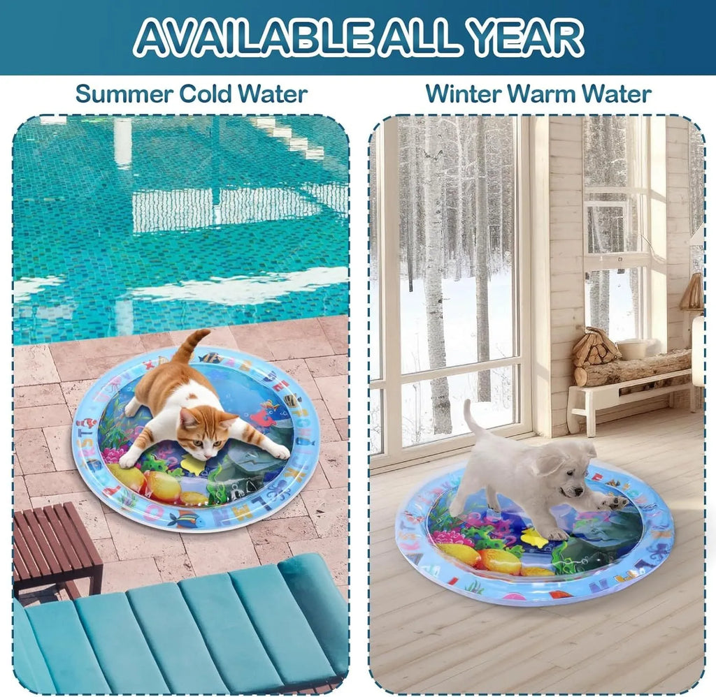 100cm square PVC water sensory playmat for cats with ocean fish design and floating toys