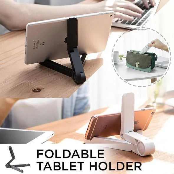 Black foldable tablet holder open in landscape mode holding a smartphone, showing side adjustment buttons.