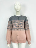 Women's red alpaca wool cardigan with diamond pattern and long sleeves