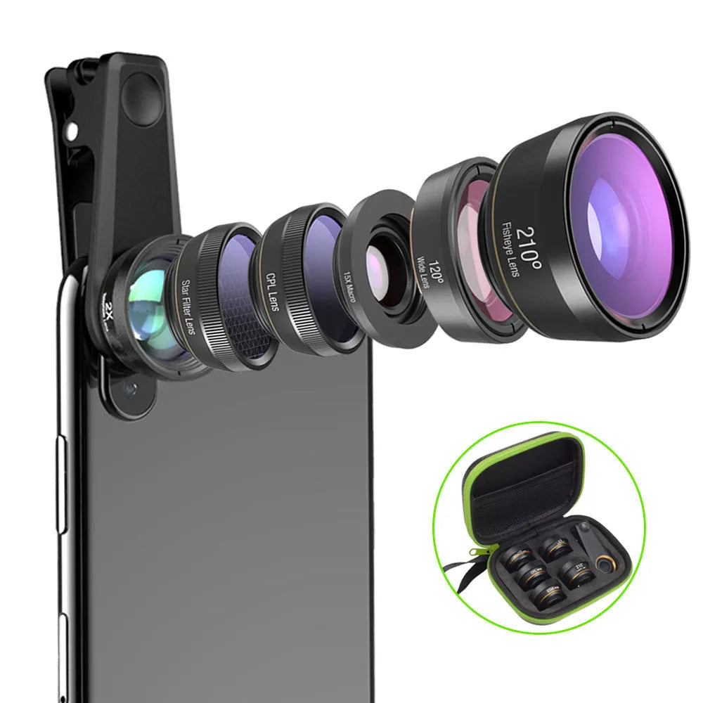 Black 6-in-1 smartphone camera lens kit with fisheye, macro, wide-angle, telephoto, CPL, and star filter lenses and a universal clip.