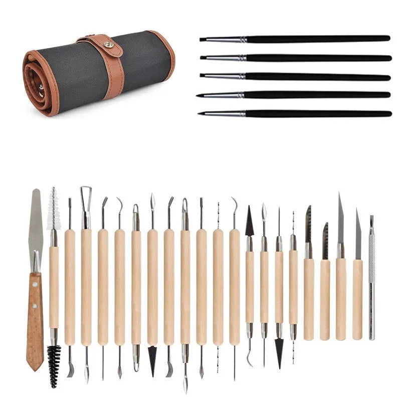 27-piece pottery clay tool set containing stainless steel, wood, and plastic tools for sculpture work