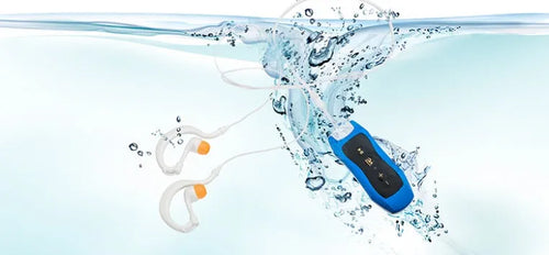Compact black Bluetooth MP3 headset for sports with no screen and IPX68 waterproof rating.