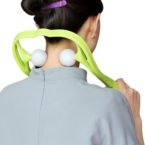 Plastic handheld neck and shoulder massager with adjustable width and roller head in pink, blue, and green colours.