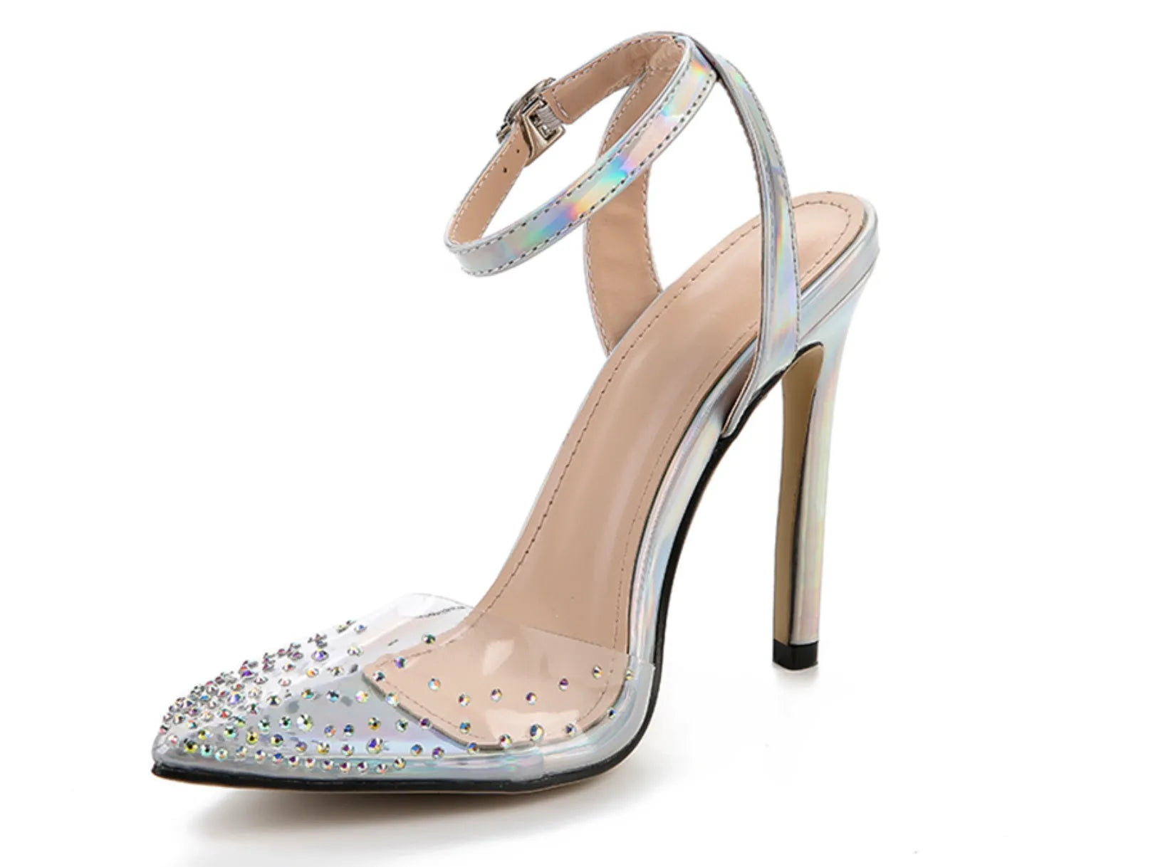 Women's pointed toe sandals with diamond detailing and stiletto heels