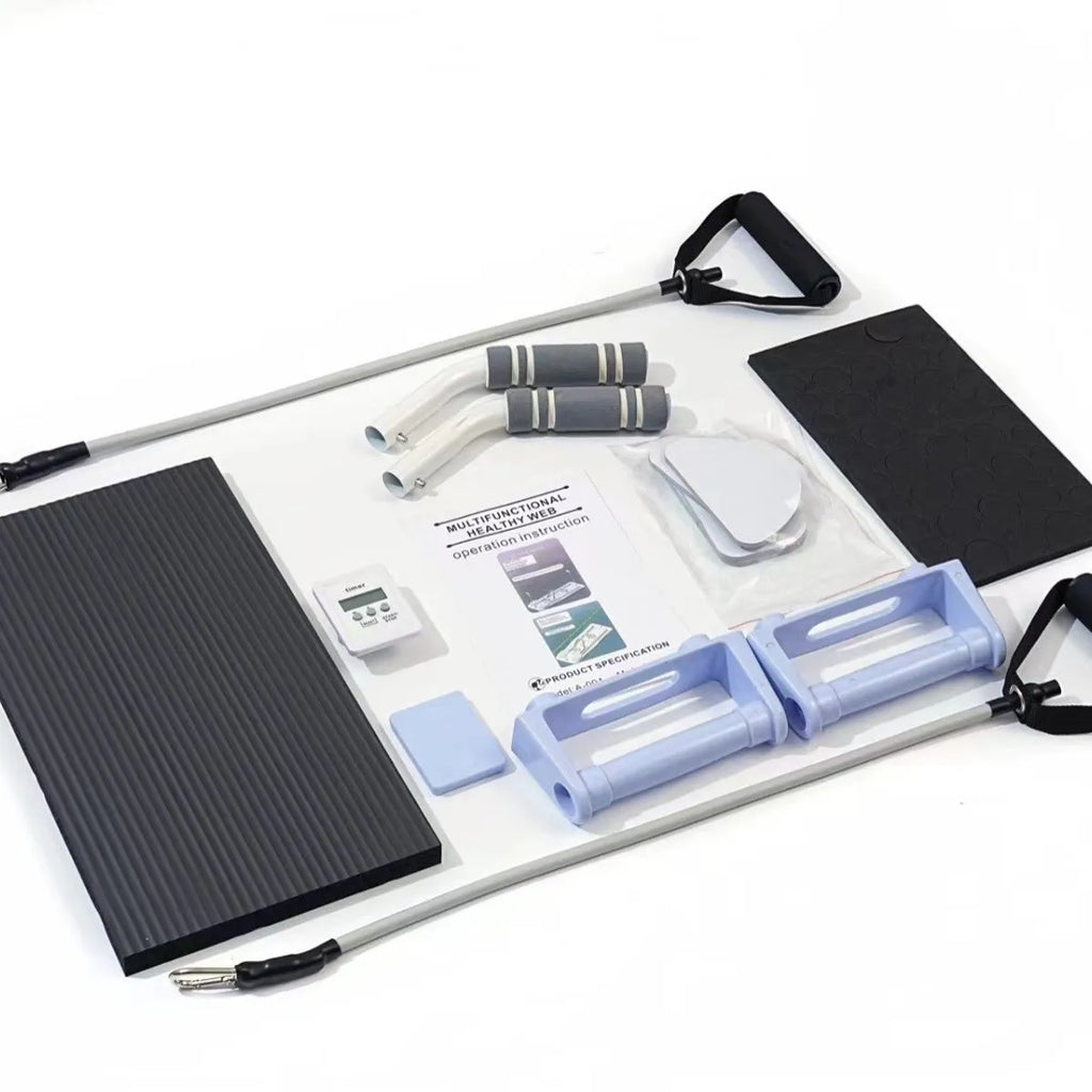 Portable foldable belly panel supine board for home fitness in purple, black, and pink colour options.