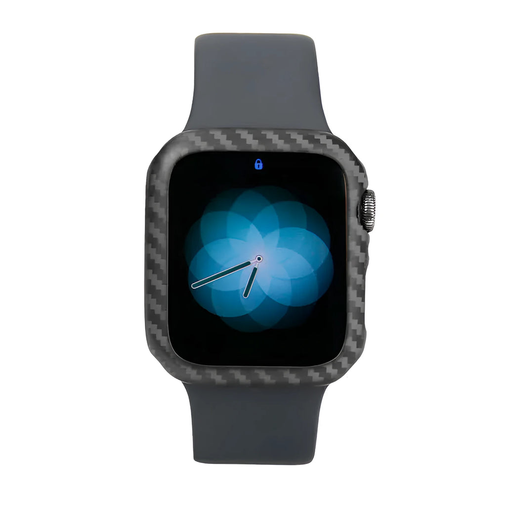 Ultra-thin black carbon fibre half-wrap case for a 44mm Apple Watch Series 4 on a leather band.