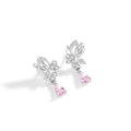 A pair of sterling silver butterfly stud earrings with crystal details on a white background.