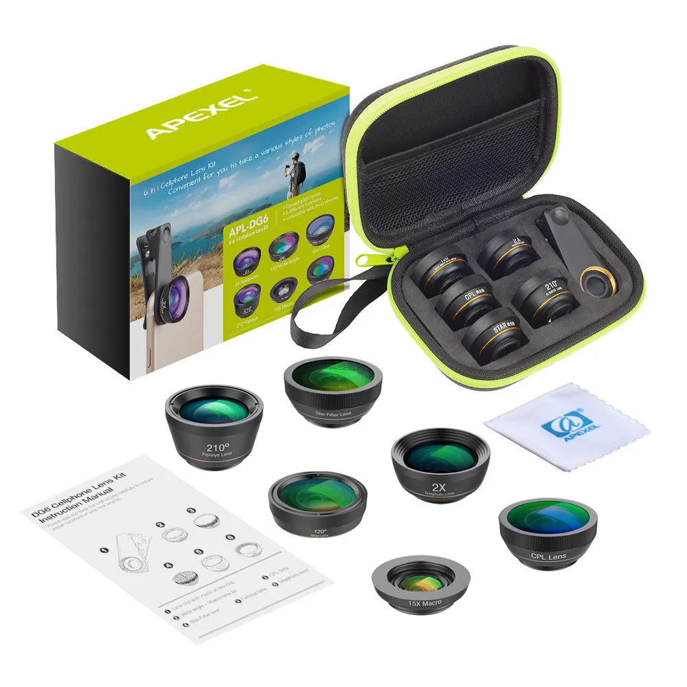 Black 6-in-1 smartphone camera lens kit with fisheye, macro, wide-angle, telephoto, CPL, and star filter lenses and a universal clip.