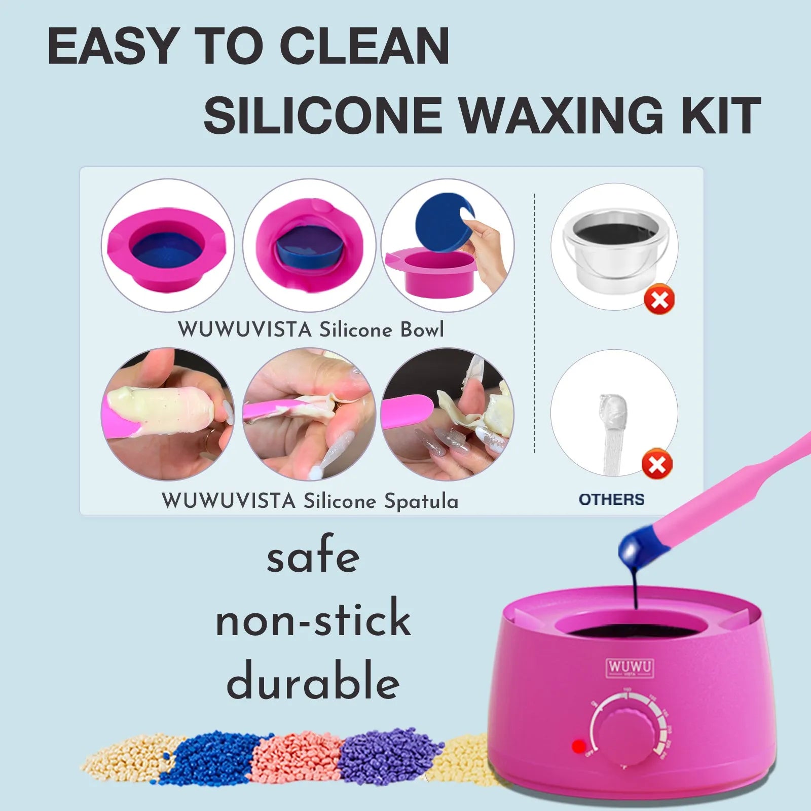 WUWUVISTA 63-piece waxing kit with black wax warmer, pink wax beads, applicator sticks, and silicone tools